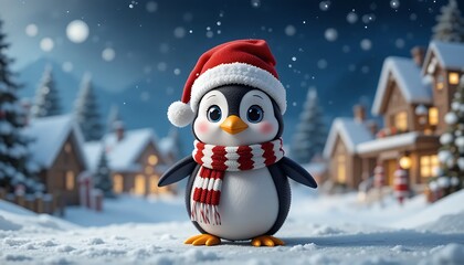 Adorable Christmas Penguin in Snowy Village: Festive Winter Wonderland Holiday Greeting Card Design, 3D Render