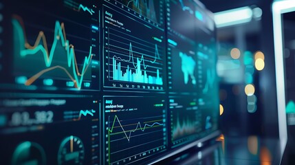 Obraz premium A digital dashboard on a computer screen showing a colorful success graph with rising bars and arrows, symbolizing business progress and success.