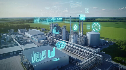Aerial view of an industrial plant with digital holographic graphs and charts floating above it