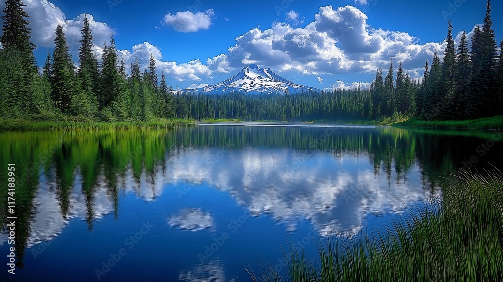Poster majestic mountain reflected in crystal clear lake surrounded by dense evergreen forest : generative 