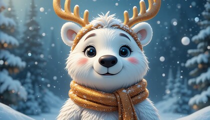 Adorable Polar Bear Cub Wearing Reindeer Antlers and Scarf in a Snowy Winter Wonderland Christmas Holiday Scene - Cute Cartoon Festive Illustration