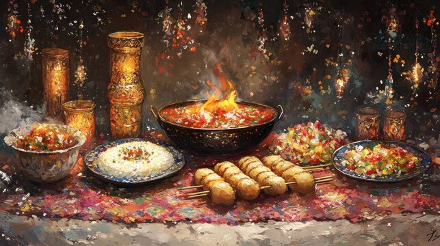 A vibrant painting of a Middle Eastern or Indian feast with kebabs, rice, stew, and salads. Ideal for restaurant menus, food blogs, or cultural content.