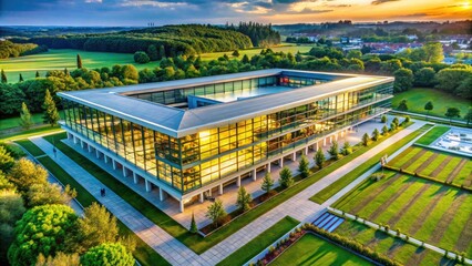 Soaring above a futuristic library:  stacks of knowledge meet digital access in this high-resolution aerial view of modern education technology.