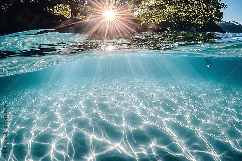 Aufkleber scenic ocean view sunlight reflecting in crystal clear water under trees : generative ai