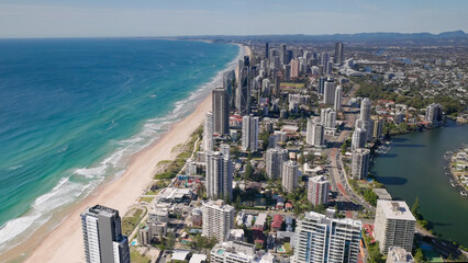 a sunny autumn view to the south of main beach of surfer paradise from Q1 building in queensland, australia