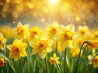 Fototapeta premium Spring's golden embrace: a bokeh-drenched daffodil field, nature's beauty in soft, yellow focus.