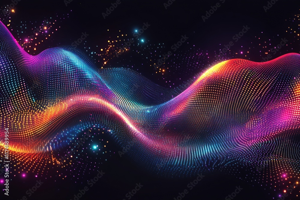 Poster Vibrant Abstract Digital Wave Pattern with Bright Multicolored Lights : Generative AI