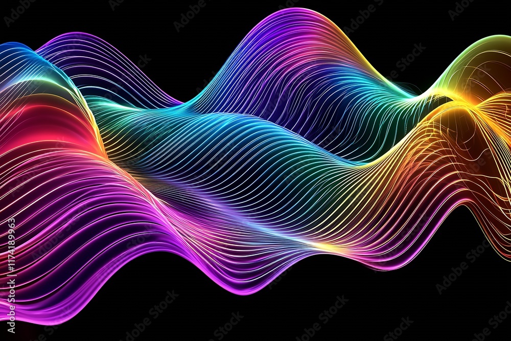 Poster colorful abstract wave with vibrant rainbow light lines on black background : generative ai