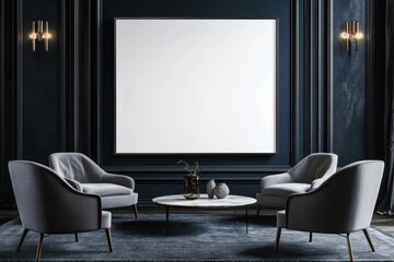 Elegant dark room interior with grey armchairs, coffee table, and large blank canvas.