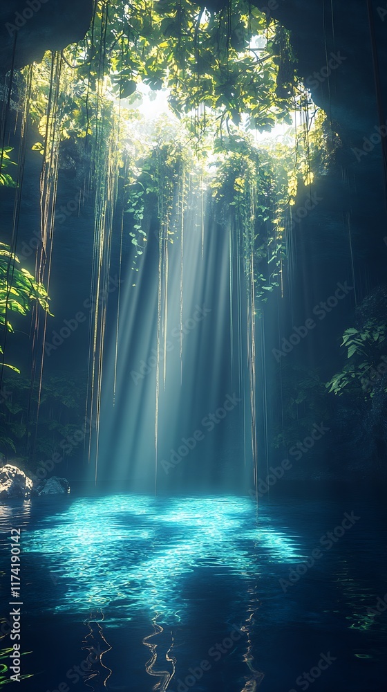 Poster Sunlit Cenote with Water Reflection and Hanging Vines in Lush Greenery : Generative AI