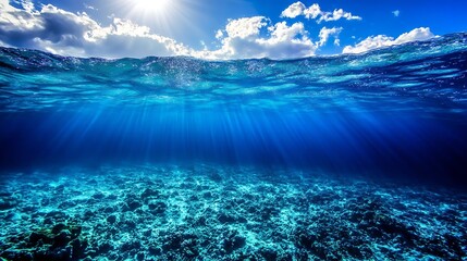 Stunning Underwater Ocean View with Sunlight Rays and Vibrant Blue Water : Generative AI