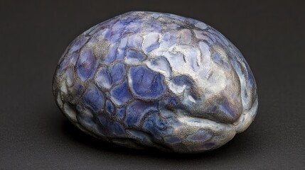 Obraz premium A ceramic art piece resembling a brain or fruit pit. Its glazed surface has a blue and silver pattern. Suitable for display or as a unique paperweight.