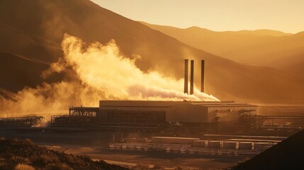 Giant industrial chimneys emitting steam above a paper mill, golden hour lighting, dramatic composition 