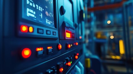 Naklejka premium Illuminated control panel displaying data and information on a digital screen with buttons and indicators in an industrial setting, suggesting advanced automation and monitoring processes