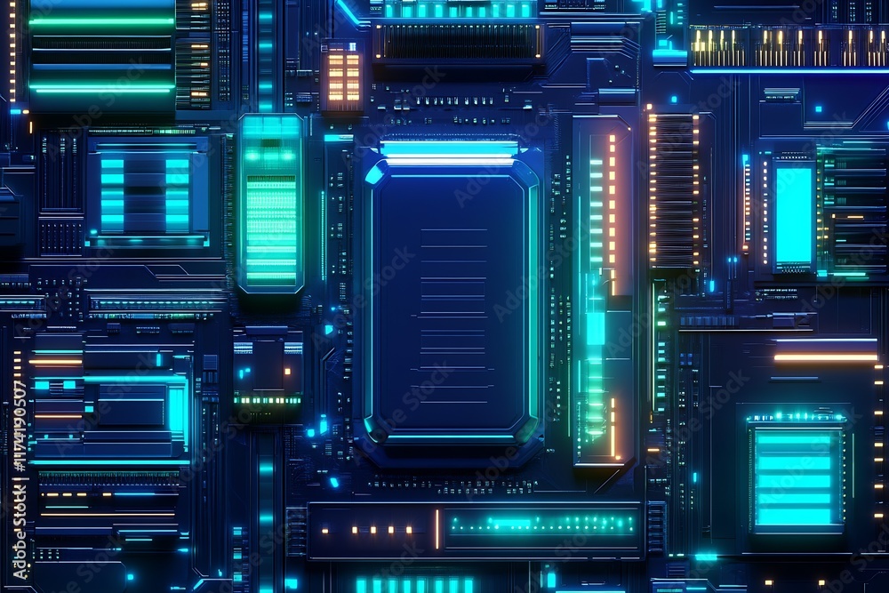 Poster futuristic circuit board design with glowing blue and orange neon lights : generative ai