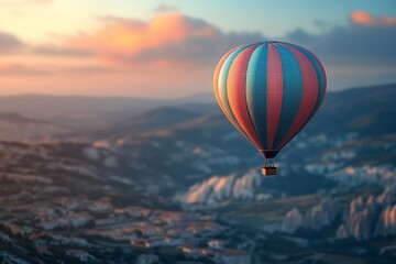 Hot air balloon soaring over scenic landscape at sunset.
