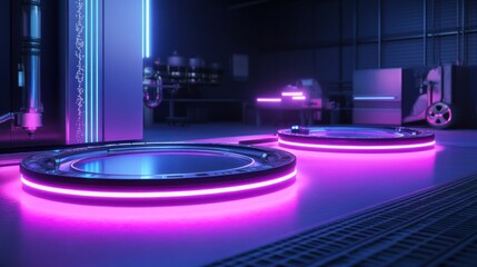 Futuristic tools glowing with neon accents in a high-tech workshop