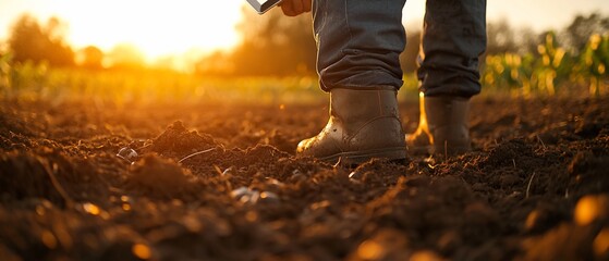 Farmer's boots in sunset farmland soil.