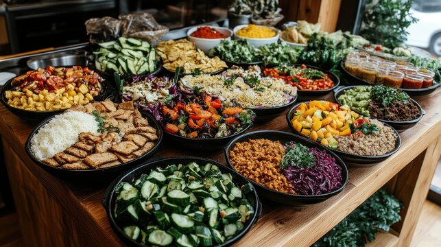 A vibrant buffet spread of fresh salads, roasted vegetables, grains, and proteins. Perfect for catering events, restaurants, or healthy meal prep services.