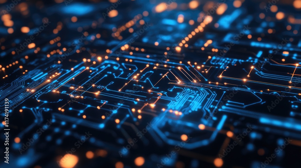 Poster dynamic blue circuit board closeup: visualizing cyber security and data flow