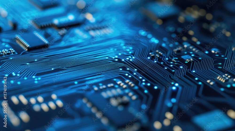 Poster dynamic blue circuit board closeup: visualizing cyber security and data flow