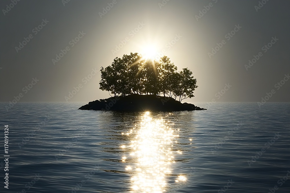 Poster Serene Island with Trees in Calm Ocean Sunlight Reflection : Generative AI