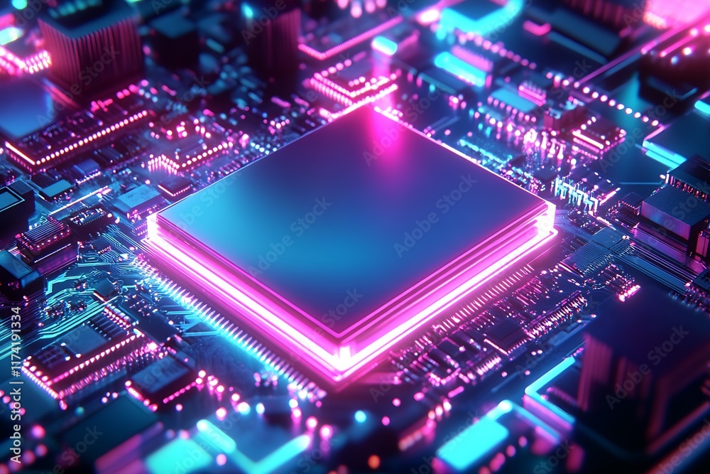 Poster Futuristic Neon Circuit Board with Glowing Processor for Advanced Technology Concepts : Generative AI