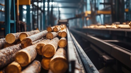 Dynamic industrial scene of a conveyor belt moving logs in a timber factory