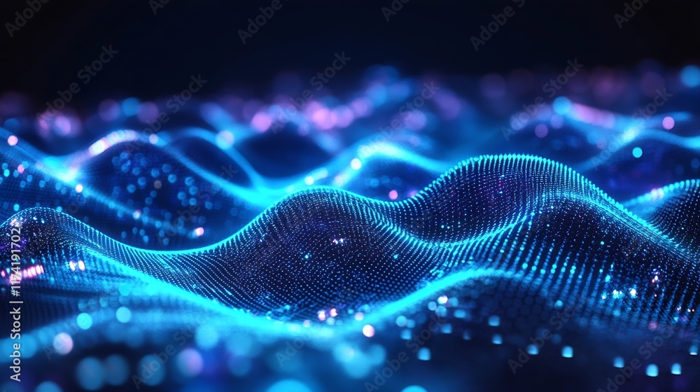 Aufkleber Abstract Digital Waves with Neon Light Particles in Futuristic Cyber Theme : Generative AI