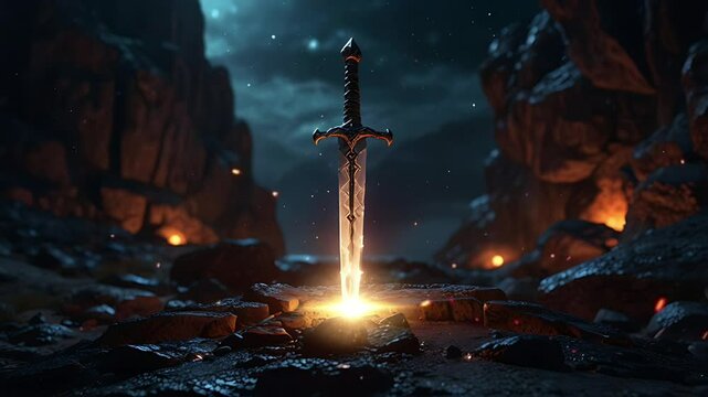Knight's sword on the stone of a magical fantasy world. Seamless 4K looping timelapse video animation background