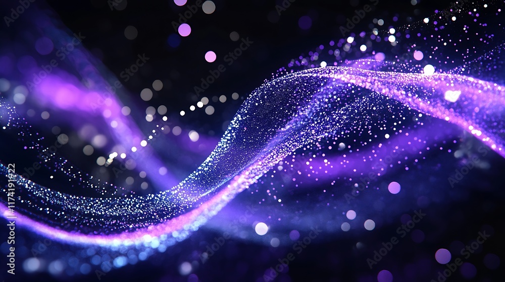 Poster enchanting abstract purple and white particle wave on black background : generative ai