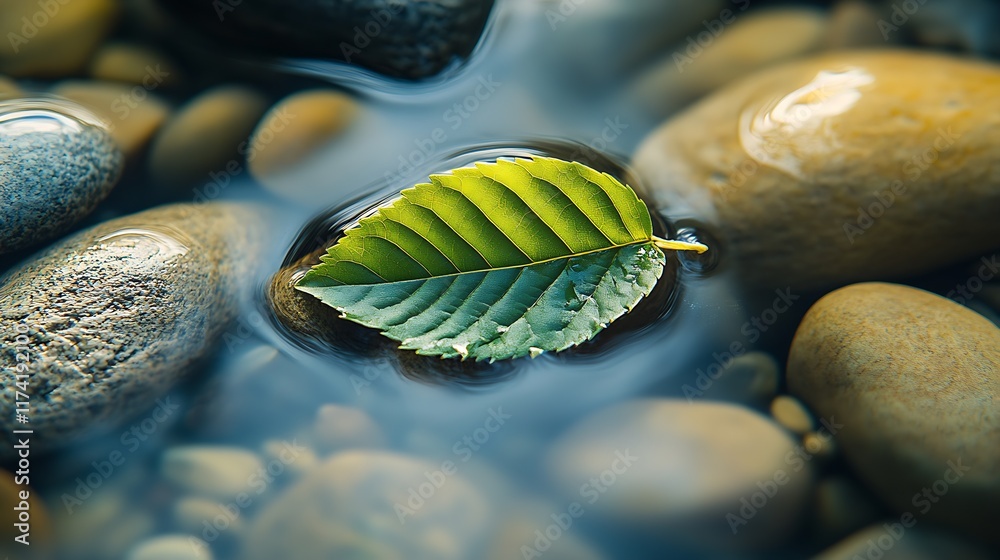 Poster single green leaf resting on smooth pebbles in tranquil water for nature serenity : generative ai