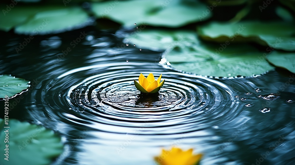 Poster yellow lotus blossom surrounded by water ripples in a serene pond setting : generative ai