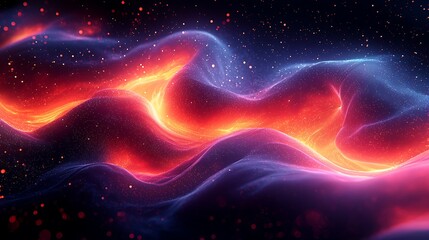 Abstract fiery and icy waves flowing in dark space with glowing particles.