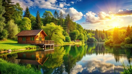 Obraz premium Sunny summer vacation awaits at this charming wooden lake house, boasting scenic views and a cozy cottage atmosphere.