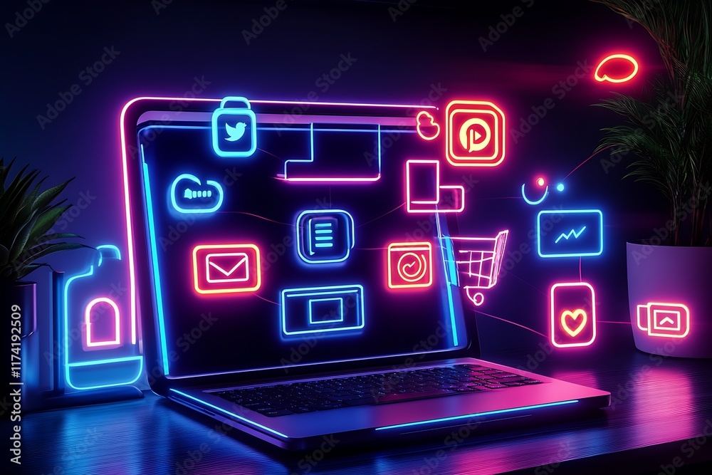 Poster dynamic neon icons on laptop screen representing social media and digital communication : generative