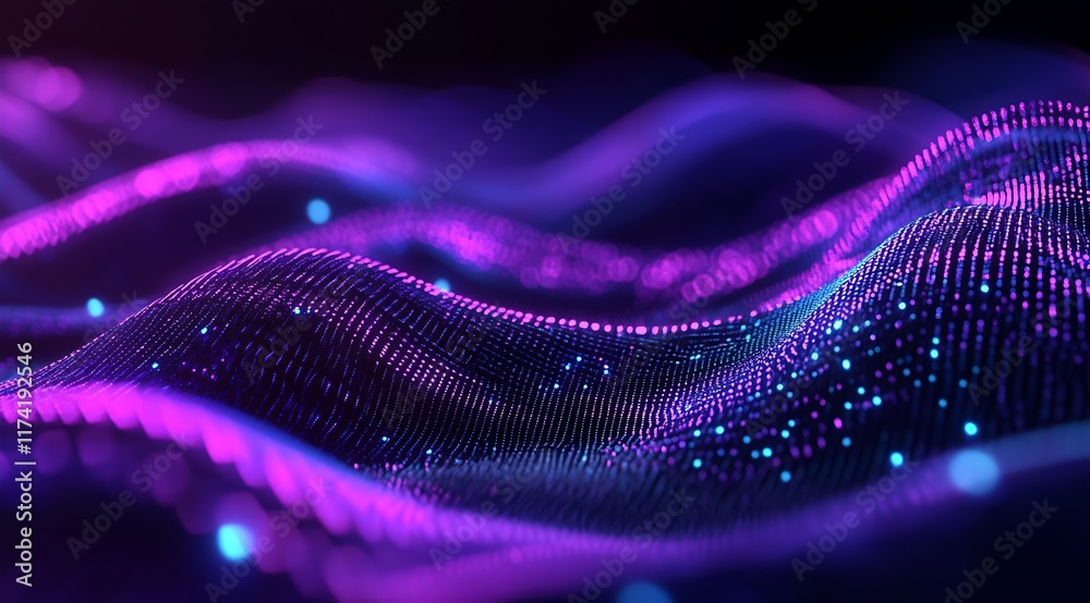 Poster Futuristic Abstract Waveform in Glowing Purple and Blue Light Background : Generative AI