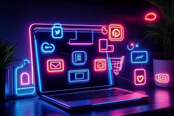 Fototapeta premium Dynamic Neon Icons on Laptop Screen Representing Social Media and Digital Communication : Generative AI
