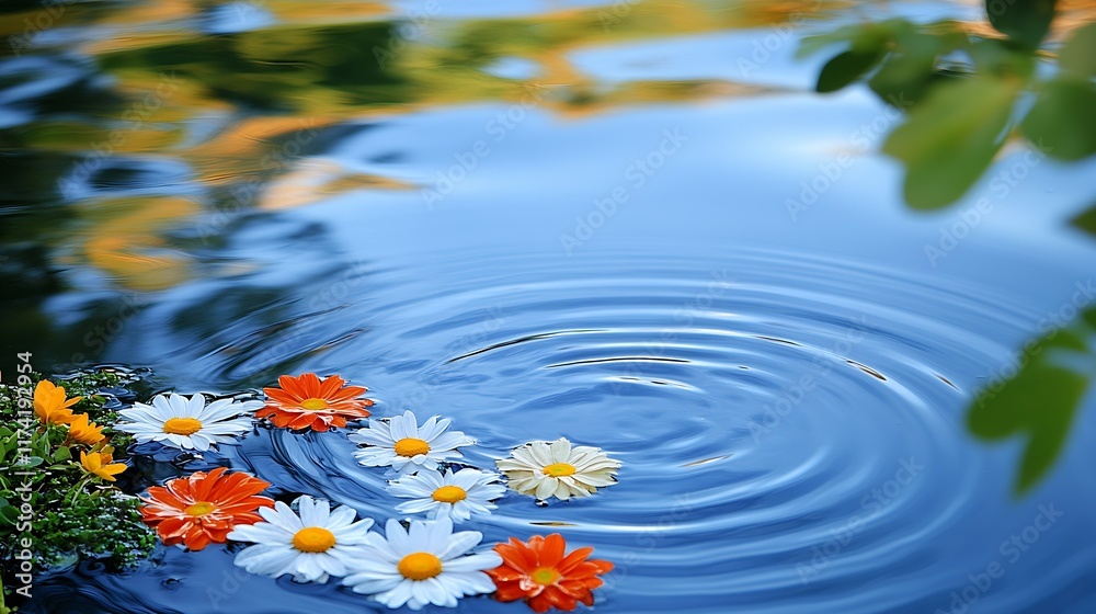 Poster vibrant spring flowers floating on calm pond with rippled water reflection : generative ai