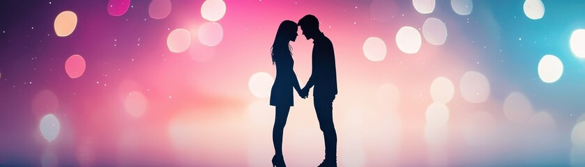 Romantic Silhouette of Couple Holding Hands Against a Soft Colorful Bokeh Background at Sunset