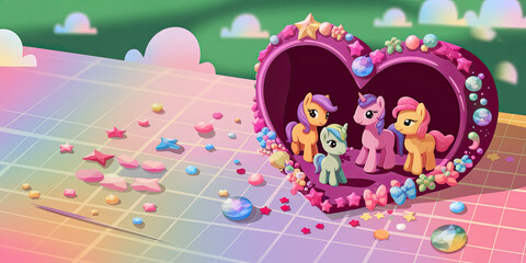 Adorable Ponies in a Heart Shaped Candy House with Scattered Decorations