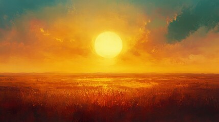Golden Sunset Over Serene Grassland - Peaceful Landscape Painting