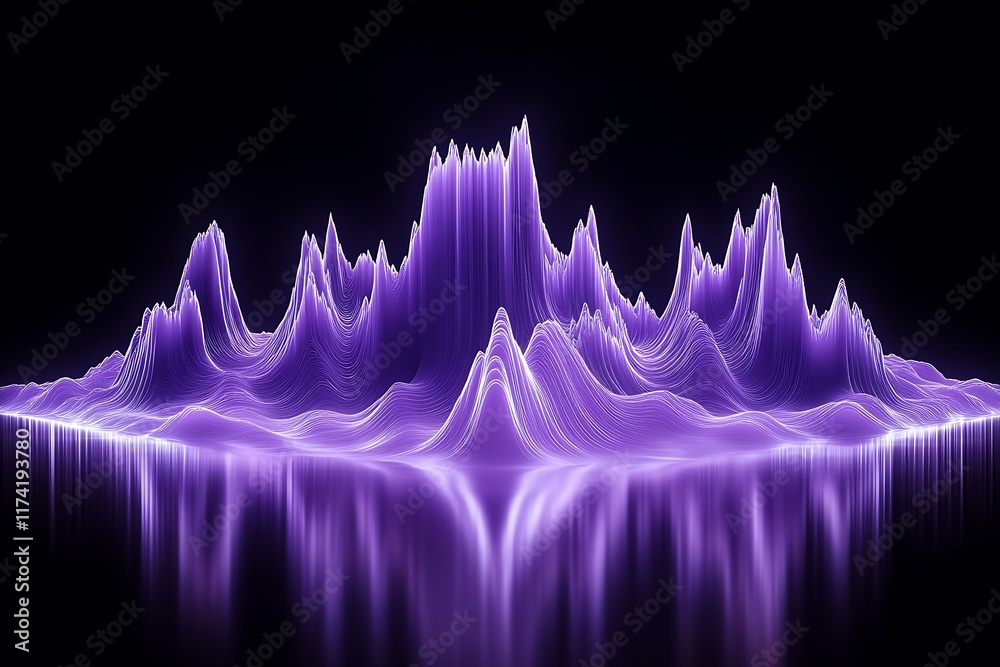 Poster abstract purple audio waveform mountain with reflections on black background : generative ai