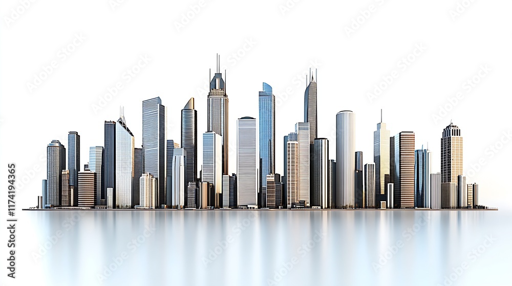Poster panoramic view of modern city skyline with reflections : generative ai