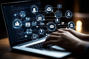 Digital Network Connectivity and Data Flow Illustration on Laptop Screen : Generative AI