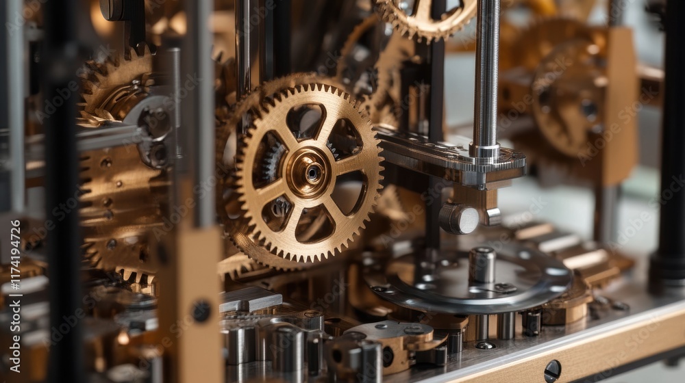 Poster intricate clockwork mechanism with multiple gears interlocked and rotating, showcasing the precision