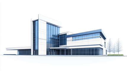 3D rendering of modern factory office building on white background