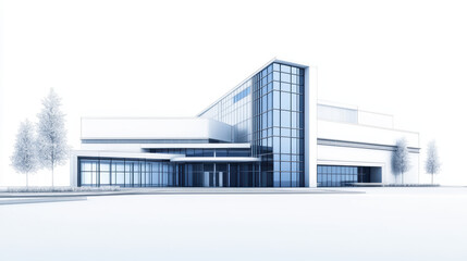 3D rendering of modern factory office building on white background