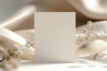 Elegant Blank Card on Silk Drapes with Gypsophila Flowers in Soft Ambient Lighting : Generative AI