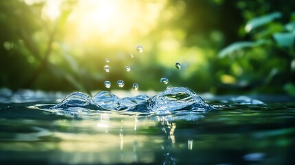 Serene Water Splash with Dramatic Droplets and Vibrant Lush Nature Background : Generative AI